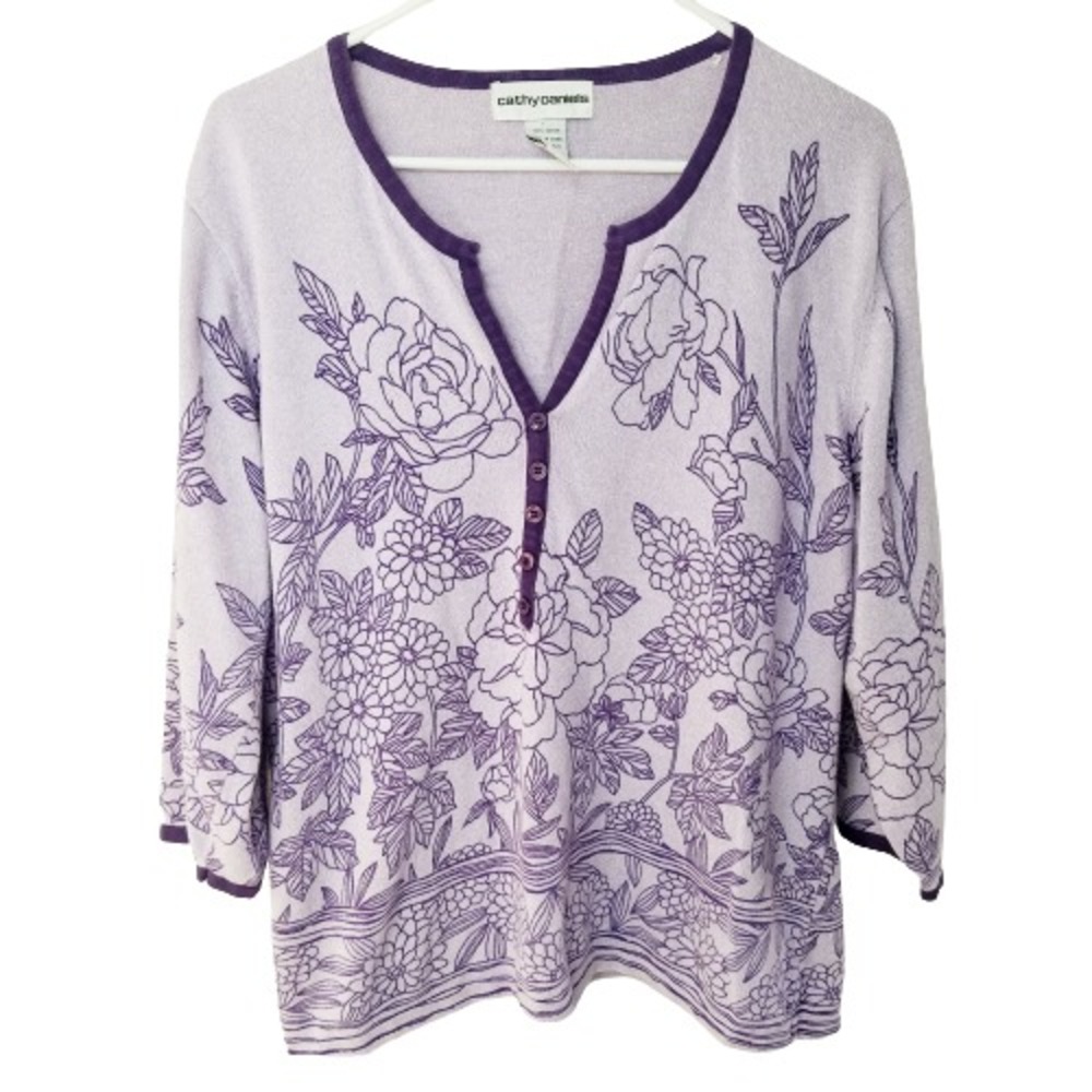 Cottagecore Women's Floral Sweater 1X Purple 100% Cotton 3/4 Sleeve Fairy Pastel